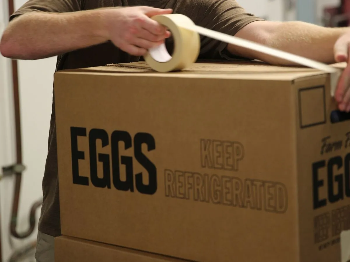 Hands taping shut a cardboard box of donated eggs